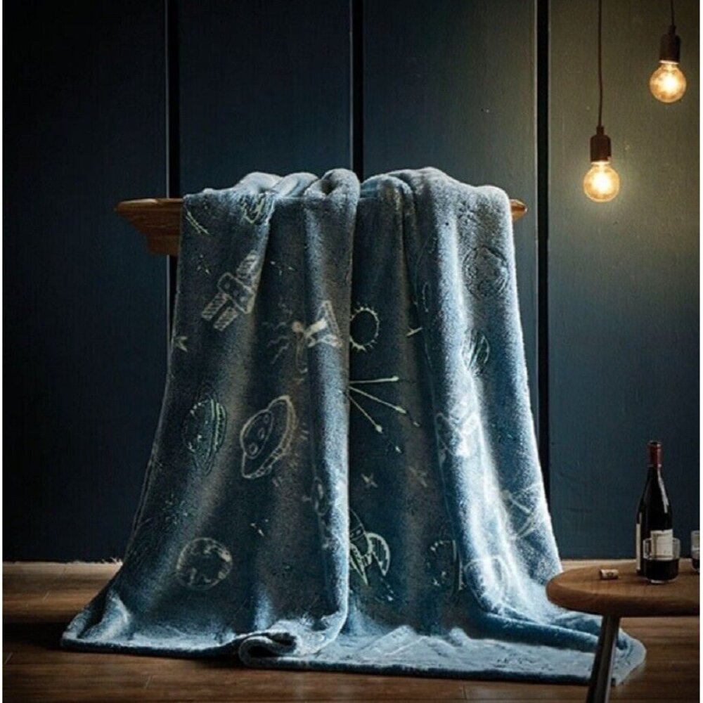 New Moon Space Glow in the Dark Plush Gift Fleece Throw Blanket UFO Spaceship